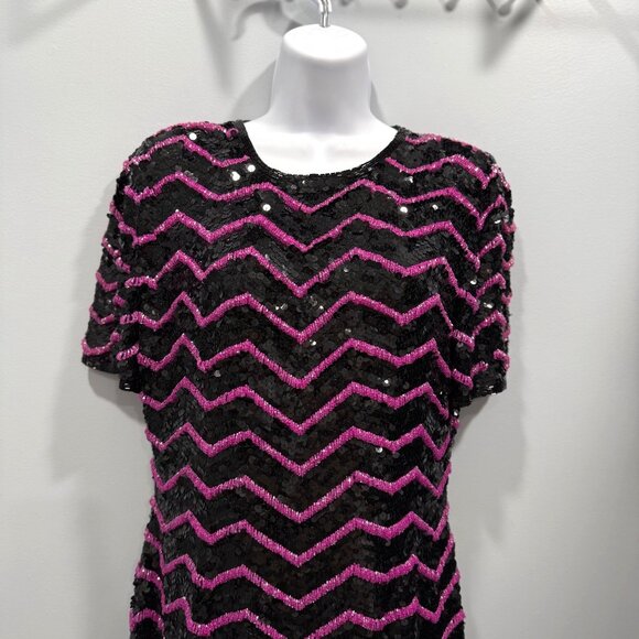 VTG 80s Glam Joan Leslie Black Silk Pink Chevron Sequin Dress Cocktail Size S? - Picture 3 of 15